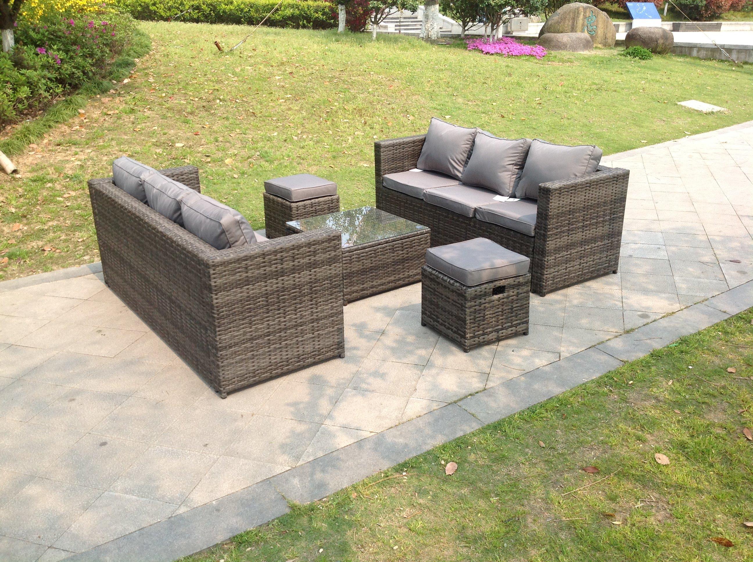 Dark Grey Rattan Garden Outdoor Sofa Set Square Coffee Table Small Footstools 8 Seater